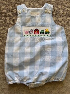 Cecil and Lou Light Blue Gingham Smocked Barnyard Bubble Romper